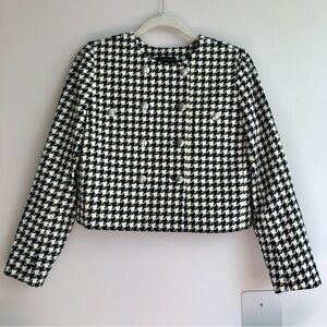 Ann Taylor Houndstooth Double-Breasted Cropped Blazer Black White Women’s SZ 10P